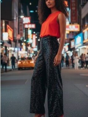 NWT Avec Les Filles Sequin Wide-Leg Pants - Black 6